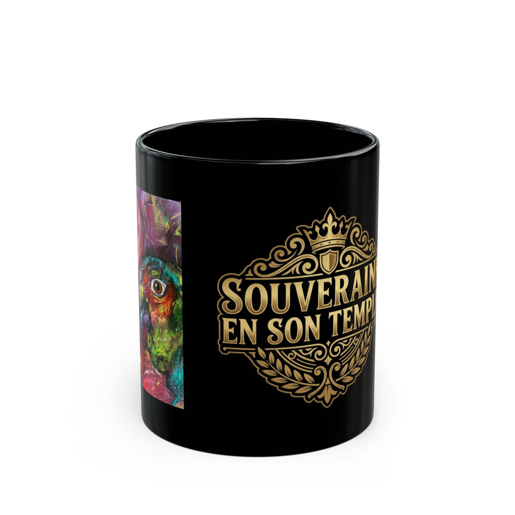 Mug en céramique noire - Oeuvre « Souveraine en Son Temple », motif blason doré (325 ml, 445 ml)