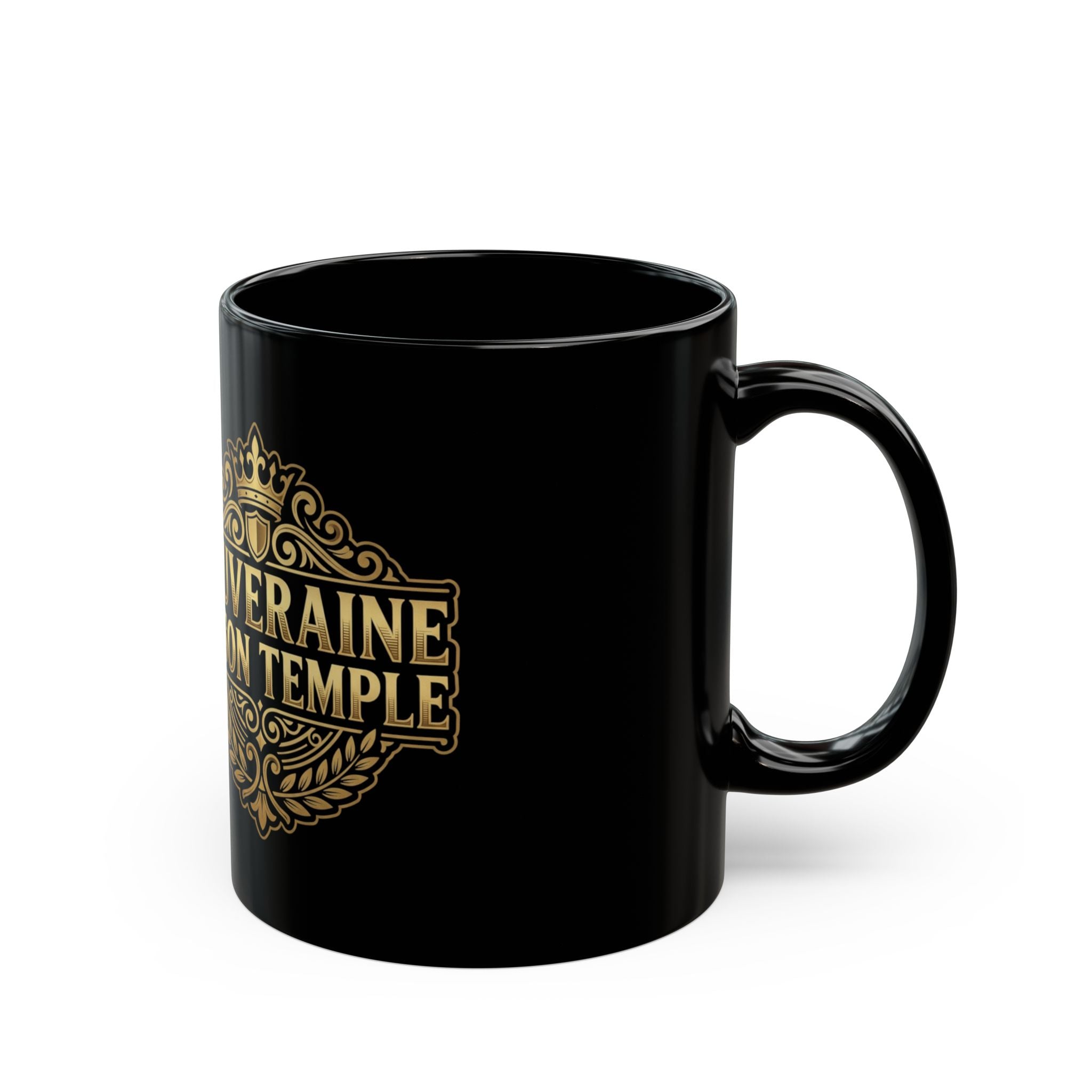 Mug en céramique noire - Oeuvre « Souveraine en Son Temple », motif blason doré (325 ml, 445 ml)